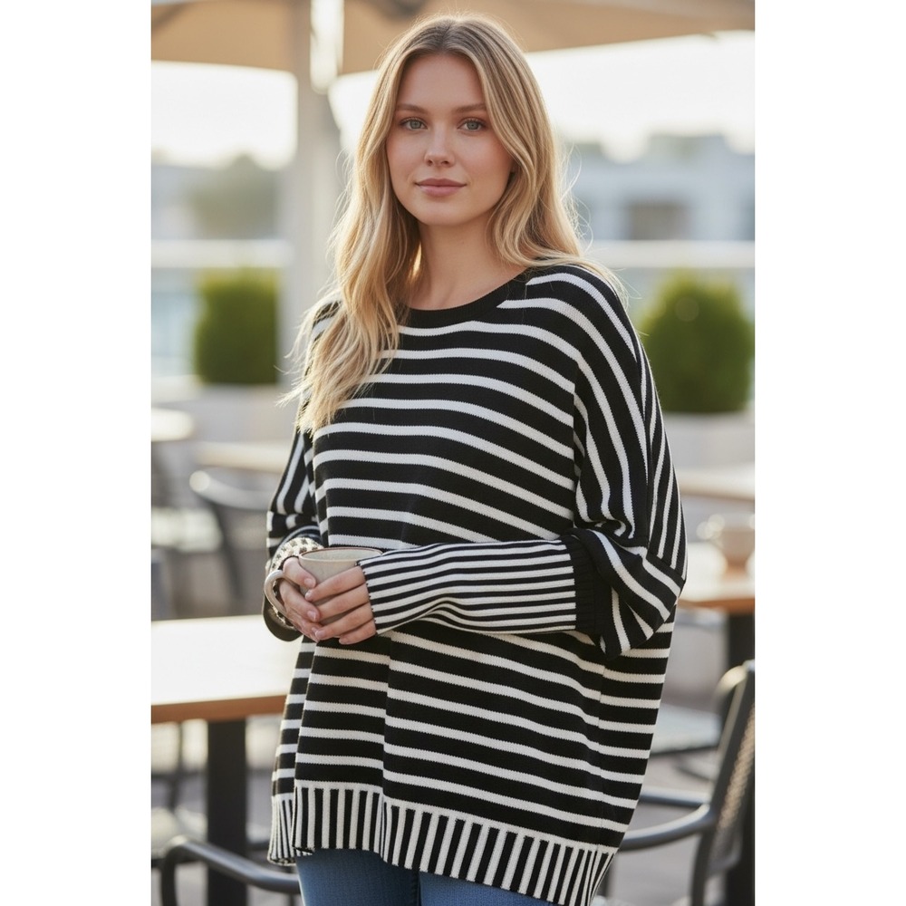 Attitudes by Renee Womens XL Striped‎ Short Sleeve High Low Knit Top Black White
